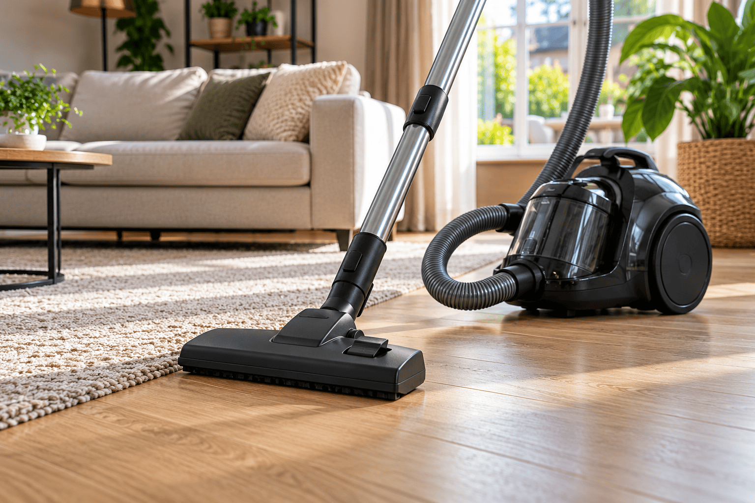 Sledestofzuiger die een houten vloer en de rand van een vloerkleed schoonmaakt